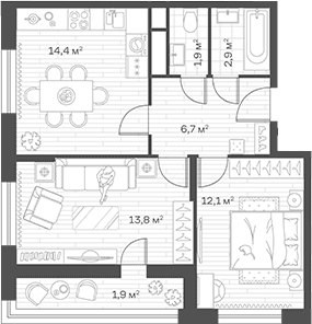 Планировка: 2-комнатная квартира 51,8 м² в ЖК «Аристов Берег»
