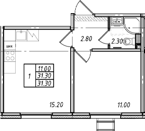Планировка: 1-комнатная квартира 31,3 м² в ЖК «Ржевский парк»