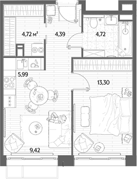 Планировка: Евродвушка 42,5 м² в ЖК «МЫС»