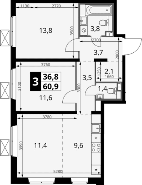 Планировка: Евротрёшка 60,9 м² в ЖК «1-й Южный»