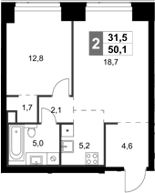 Планировка: Евродвушка 50,1 м² в ЖК «Амбер Сити»