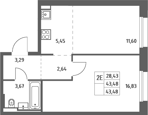 Планировка: Евродвушка 43,5 м² в ЖК «Заречье Парк»
