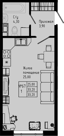 Планировка: Студия 33,2 м² в ЖК «PIXEL»