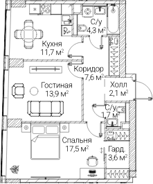 Планировка: 2-комнатная квартира 62 м² в ЖК «СЕЗАР БУДУЩЕЕ»