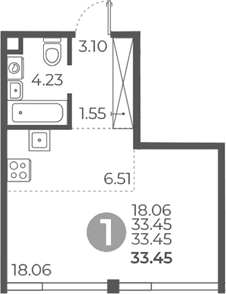 Планировка: Студия 33,5 м² в ЖК «Мневники от Гранель»