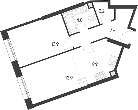 Планировка: Евродвушка 52,5 м² в ЖК «Родина Переделкино»