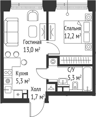 Планировка: Евродвушка 37,4 м² в ЖК «СЕТ»