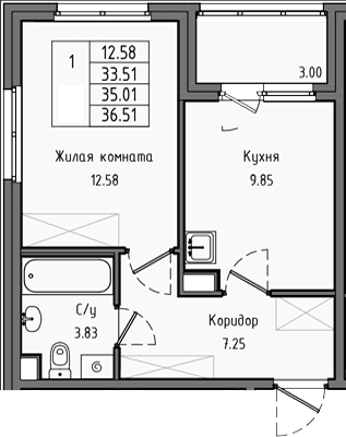 Планировка: 1-комнатная квартира 33,5 м² в ЖК «Тишин»