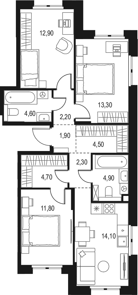 Планировка: Квартира евро-4 77,2 м² в ЖК «Левел Мечникова»