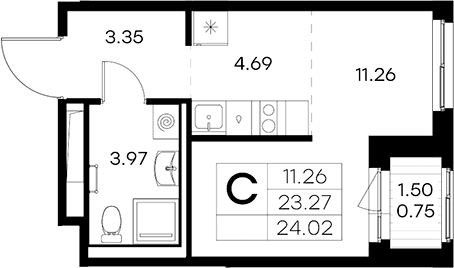 Планировка: Студия 23,3 м² в ЖК «Новоселье»