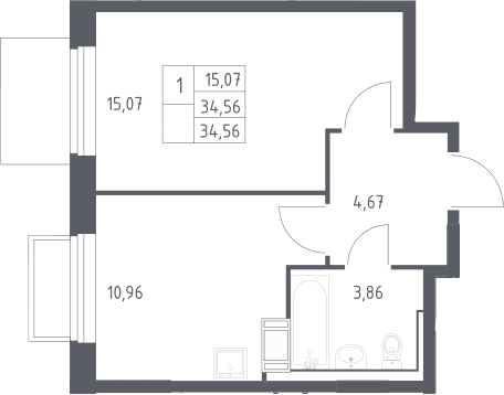 Планировка: 1-комнатная квартира 34,6 м² в ЖК «Томилино Парк»