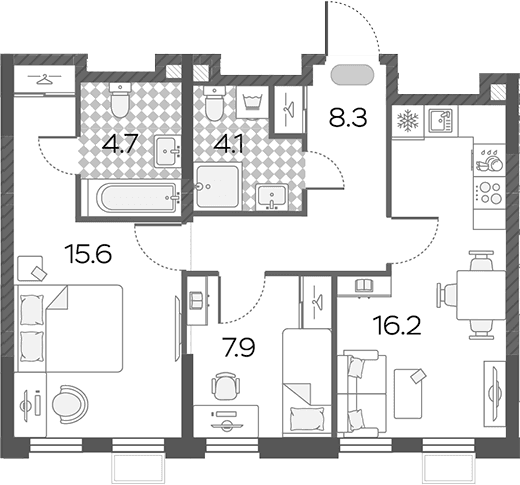 Планировка: Евротрёшка 56,8 м² в ЖК «Лучи»
