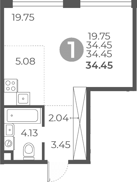 Планировка: Студия 34,5 м² в ЖК «Мневники от Гранель»