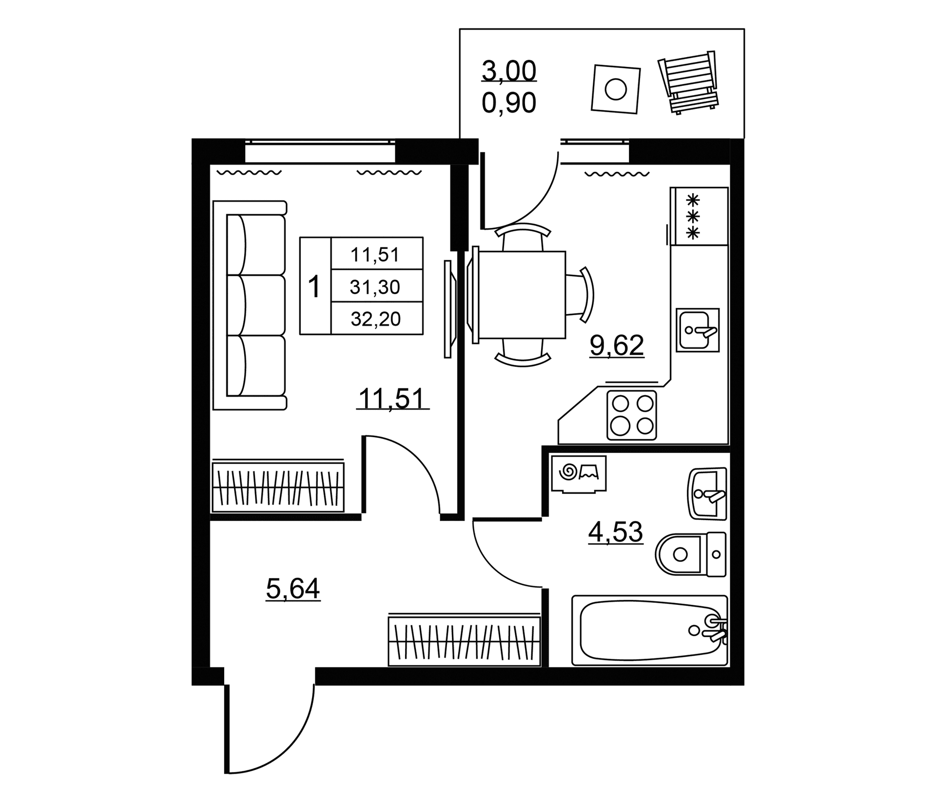 Планировка: 1-комнатная квартира 31,3 м² в ЖК «Пулковское, 34»