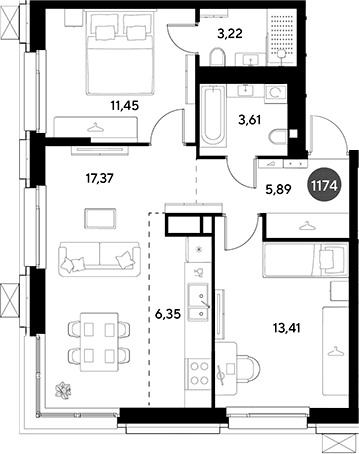 Планировка: Евротрёшка 61,3 м² в ЖК «ЭВО»