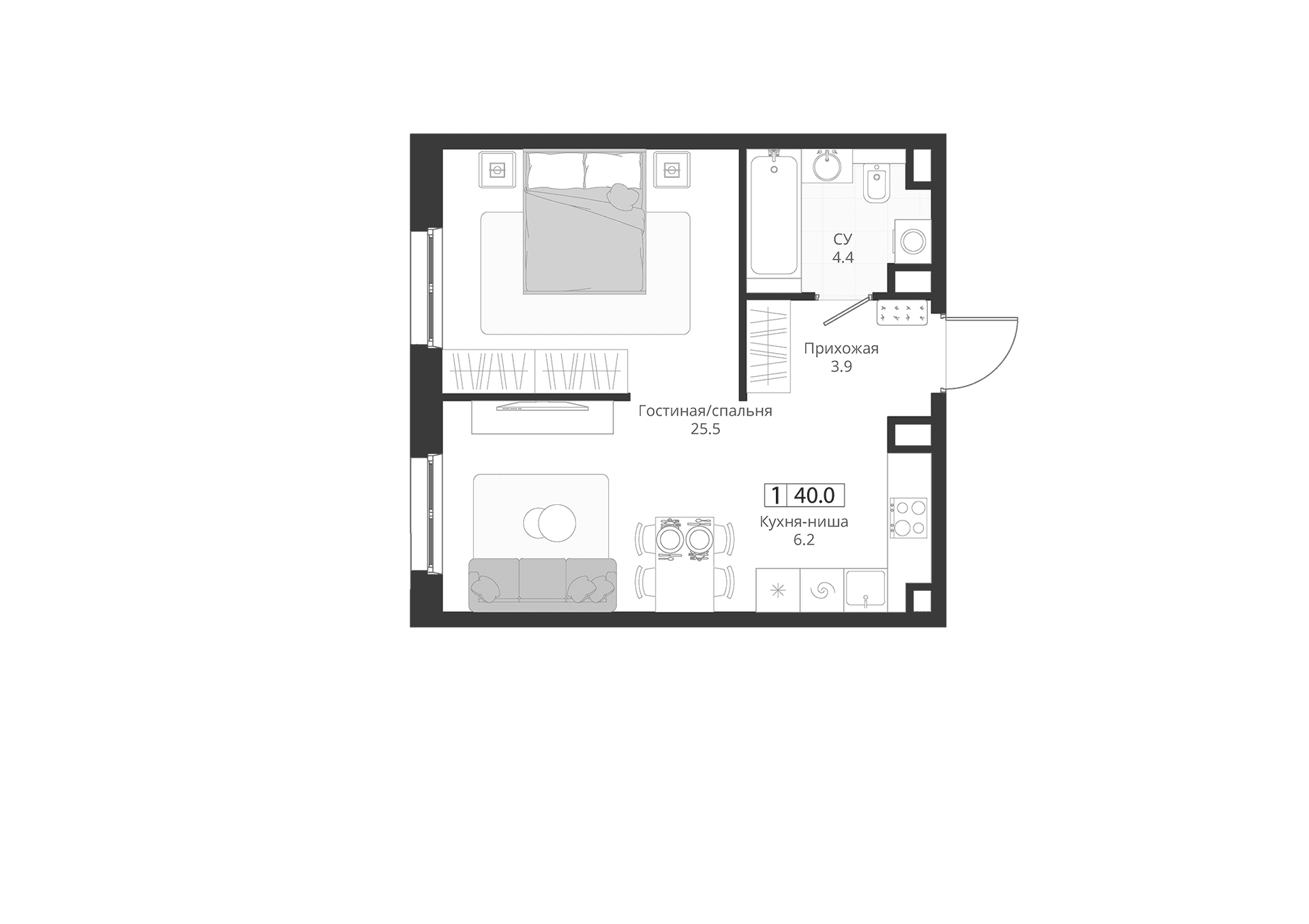 Планировка: Студия 40 м² в ЖК «ГРЭЙ»