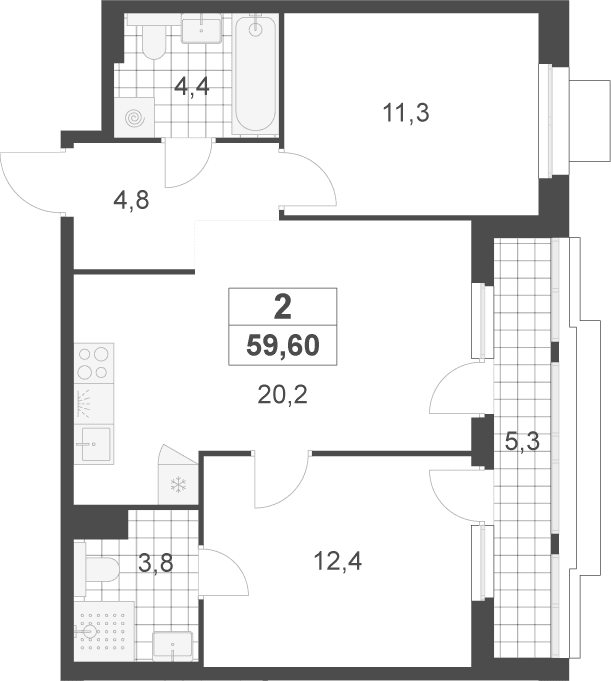 Планировка: Евротрёшка 56,9 м² в ЖК «Деснаречье»