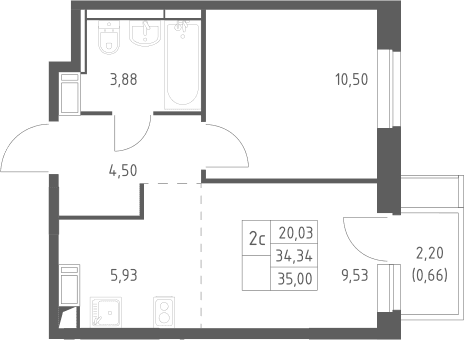 Планировка: Евродвушка 34,3 м² в ЖК «Пятницкие Луга»
