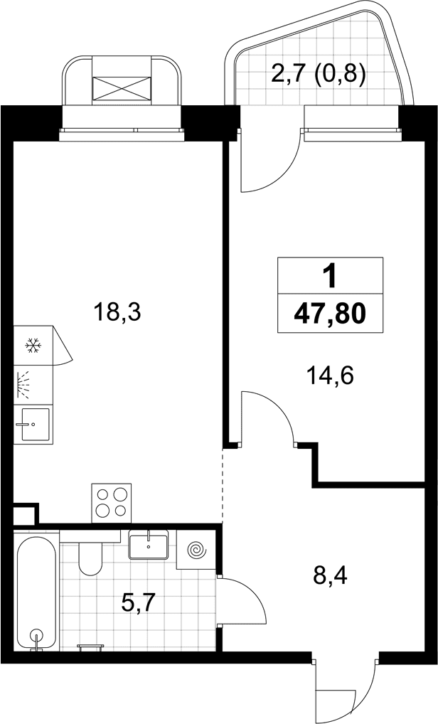 Планировка: Евродвушка 47 м² в ЖК «Хольм»