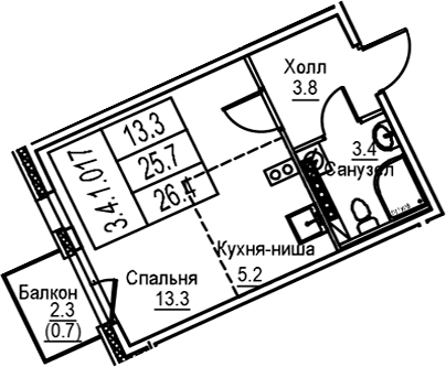 Планировка: Студия 25,7 м² в ЖК «Экография»