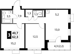 Планировка: Евротрёшка 60,1 м² в ЖК «1-й Донской»