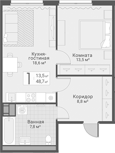 Планировка: Евродвушка 48,7 м² в ЖК «Руднева, 15»