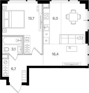 Планировка: Евродвушка 45,9 м² в ЖК «НАЗАРЕ»