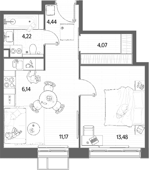 Планировка: Евродвушка 43,5 м² в ЖК «МЫС»