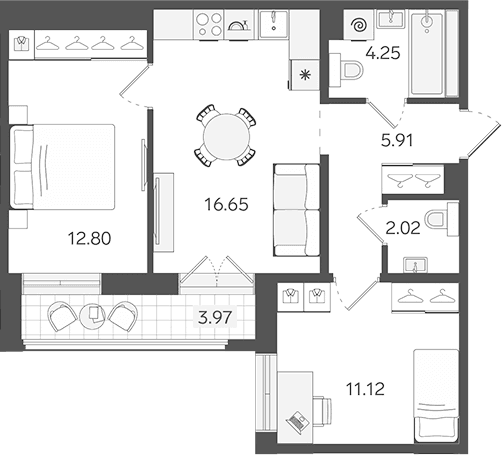 Планировка: Евротрёшка 52,8 м² в ЖК «СТАВНИ Обводный»