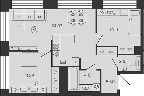 Планировка: Евротрёшка 57,5 м² в ЖК «BASHNI ELEMENT»