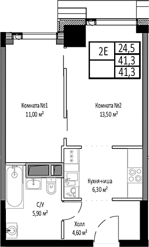 Планировка: Евродвушка 41,3 м² в ЖК «Мираполис»