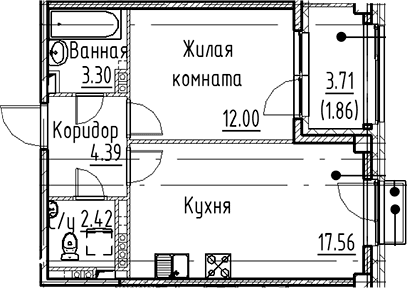 Планировка: Евродвушка 39,7 м² в ЖК «Кронфорт»