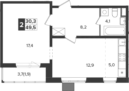 Планировка: Евродвушка 47,6 м² в ЖК «Южная Битца»