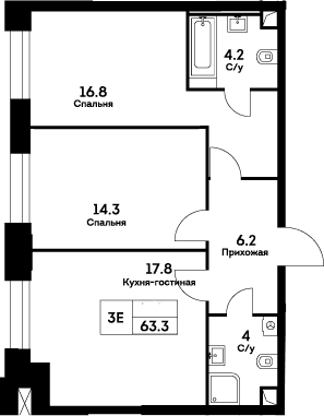 Планировка: Евротрёшка 63,3 м² в ЖК «ЭВЕР»