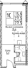 Планировка: Студия 27,5 м² в ЖК «Наметкин Тауэр»