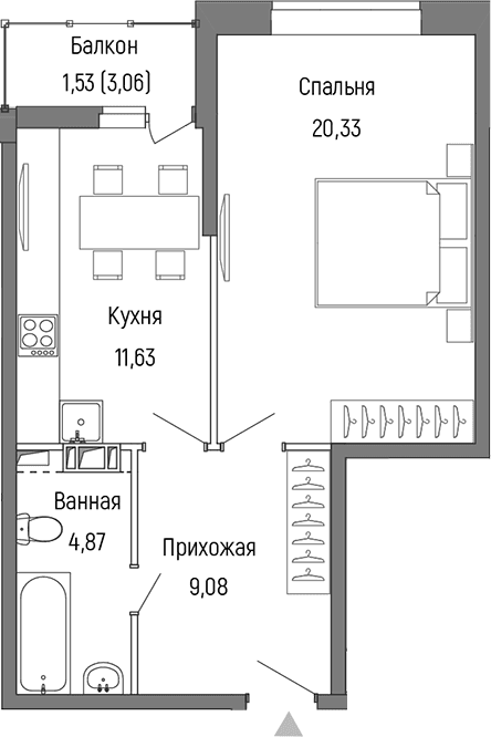 Планировка: 1-комнатная квартира 45,9 м² в ЖК «Рига Хиллс»