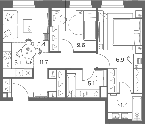 Планировка: Евротрёшка 61,2 м² в ЖК «Станиславский»