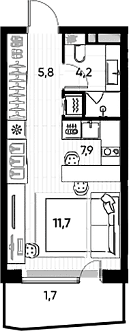 Планировка: Студия 28,1 м² в ЖК «ПРАЙД»