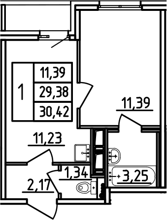 Планировка: 1-комнатная квартира 29,4 м² в ЖК «Аэросити»