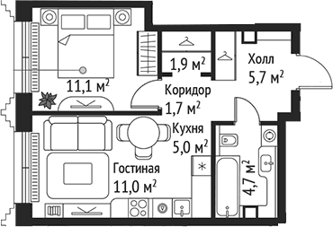 Планировка: Евродвушка 41,1 м² в ЖК «СЕТ»