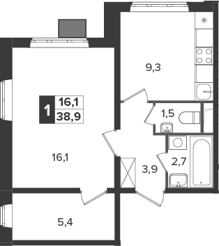Планировка: 1-комнатная квартира 38,9 м² в ЖК «Южная Битца»