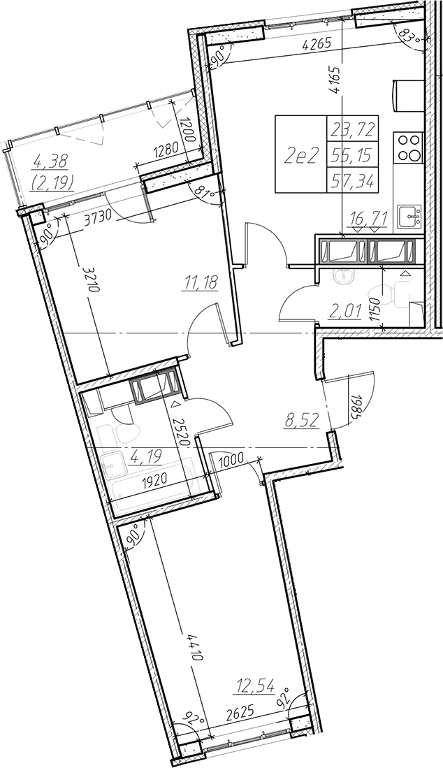 Планировка: Евротрёшка 55,2 м² в ЖК «Левитан»