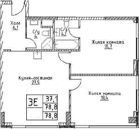 Планировка: Евротрёшка 78,8 м² в ЖК «Наметкин Тауэр»