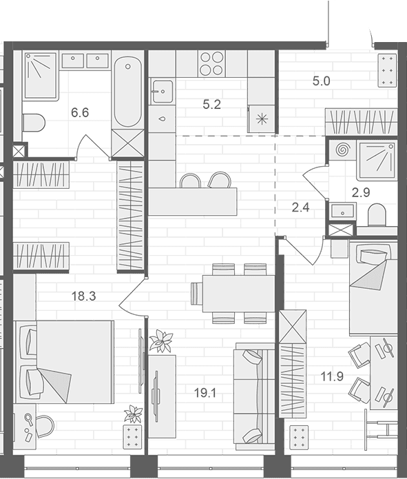 Планировка: Евротрёшка 71,4 м² в ЖК «АРТЕЛЬ»