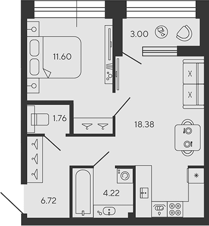 Планировка: Евродвушка 42 м² в ЖК «BASHNI ELEMENT»