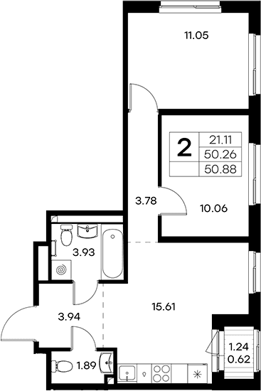 Планировка: Евротрёшка 50,3 м² в ЖК «Новоселье»