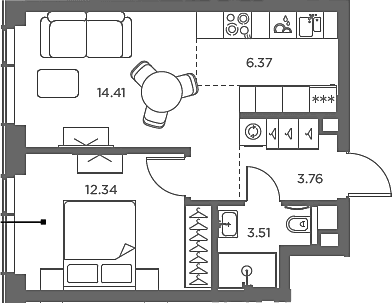 Планировка: Евродвушка 40,4 м² в ЖК «TATE»