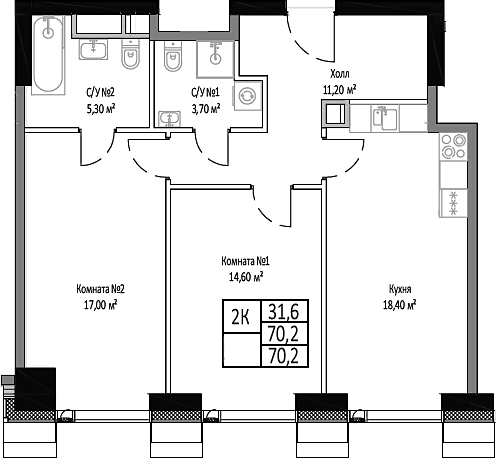 Планировка: 2-комнатная квартира 70,2 м² в ЖК «Мираполис»