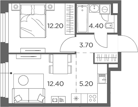 Планировка: Евродвушка 37,9 м² в ЖК «Белый Град»