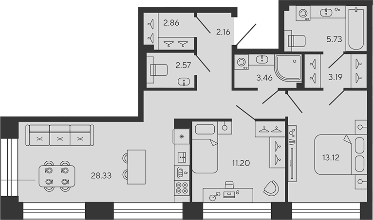 Планировка: Евротрёшка 72,6 м² в ЖК «BASHNI ELEMENT»